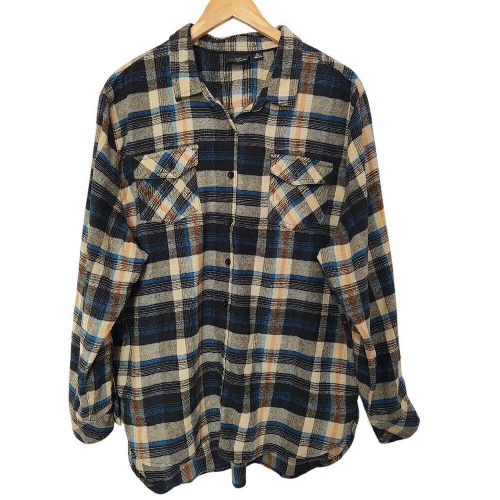 Burnside plaid button front long sleeve flannel shirt tan blue black orange XL